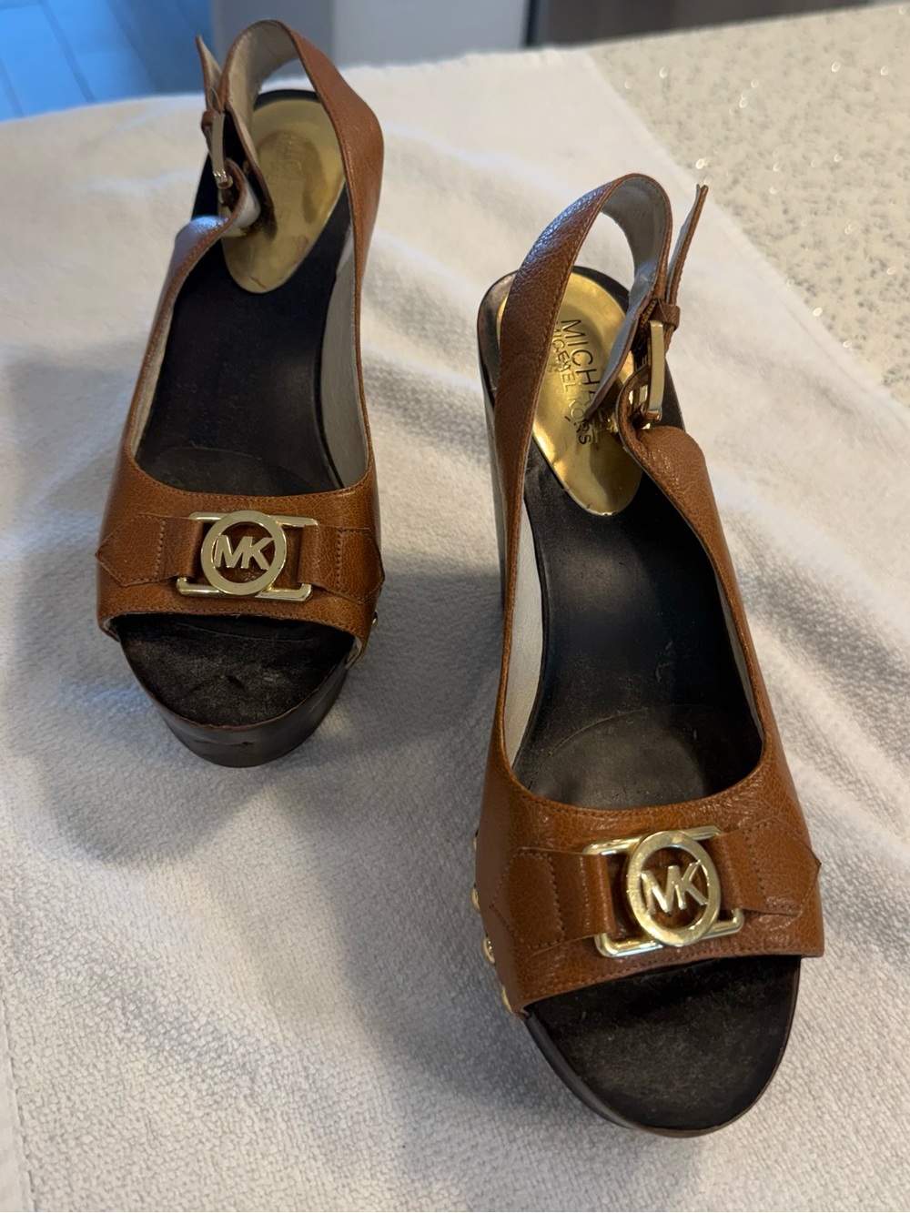 Michael Kors Brown Leather Studded Wedge Sandals with Gold Logo - Picture 3 of 5